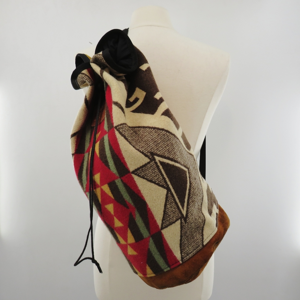 Vintage Pendleton Boho Southwestern Wool Suede Red Brown Rucksack Sling Bag